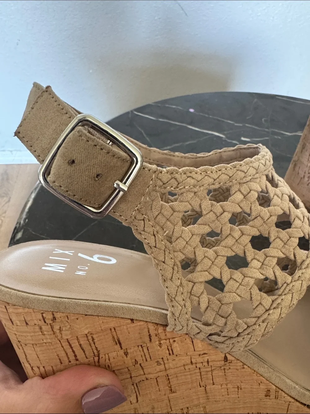 Mix No. 6 Taupe Braided Crochet Cork Wedge Sandals